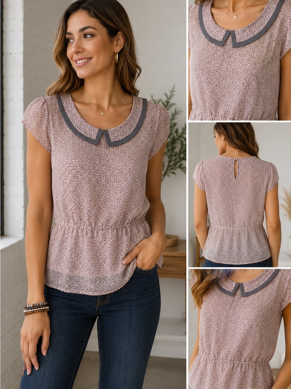 REITMENS Blush Pink Collar Blouse Top Large